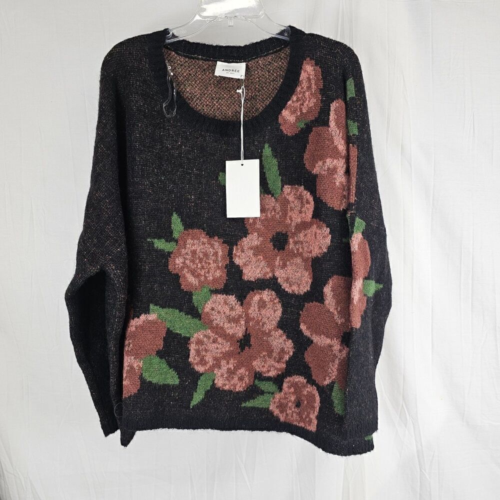 Andree By Unit Floral Knit Sweater Blk  Pink Flowers Size Large Parisian Garden - Picture 2 of 7